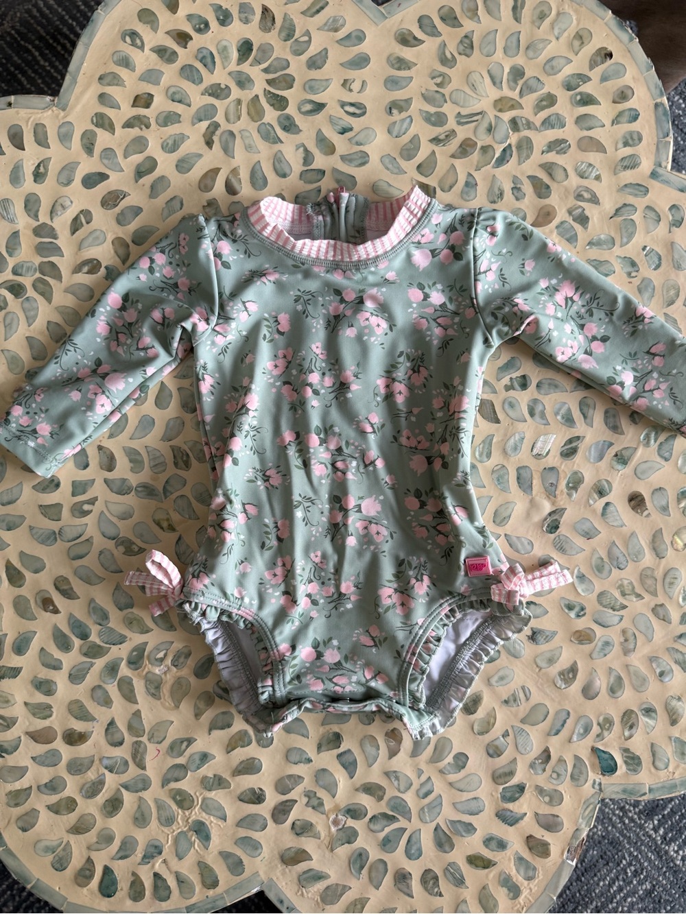Ruffle butts Sage with pink Floral Long-Sleeve One-Piece swim suit